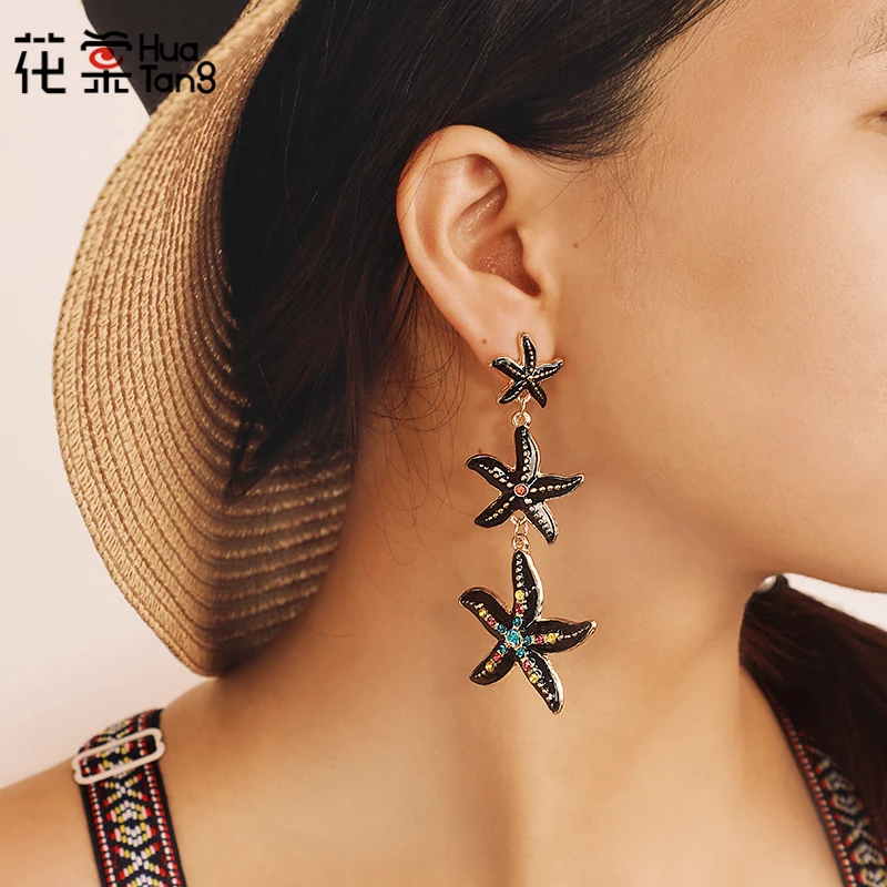 

HuaTang Black Starfish Star Colorful Crystal Pendant Boho Earrings for Women Piercing Dangle Earrings Jewelry Brincos C16107