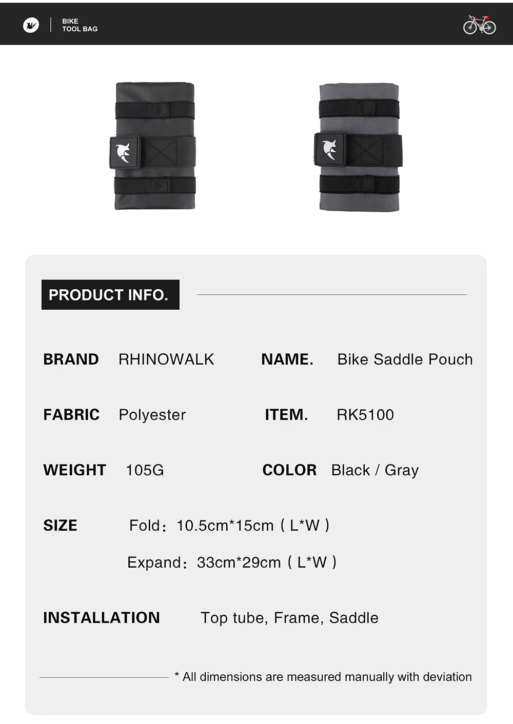 Rhinowalk Fahrradtasche, Heckwerkzeugtasche, Rücksitz, Kofferrahmen, Vordertasche, multifunktionale Burrito Pack, Fahrrad-Toolkit, Reparaturzubehör – Detail 7