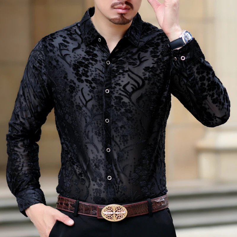 Цветочные дизайнерские рубашки Camicia Uomo цветок бархатная рубашка Для мужчин 2019 осень длинный рукав рубашка Camisa Hombre Для мужчин s Кнопка