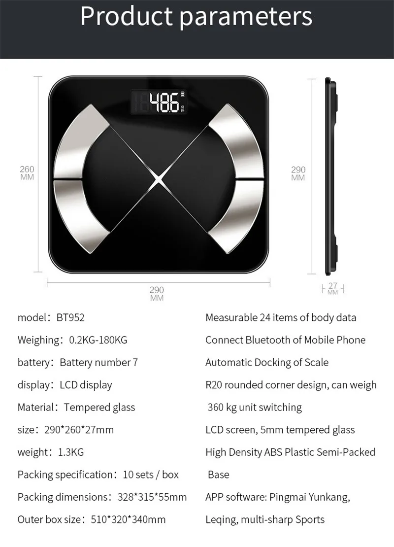 Напольные весы, умные Bluetooth весы, весы для тела, весы для ванной комнаты, светодиодный дисплей, жир, вода, мышцы, масса, BMI качество