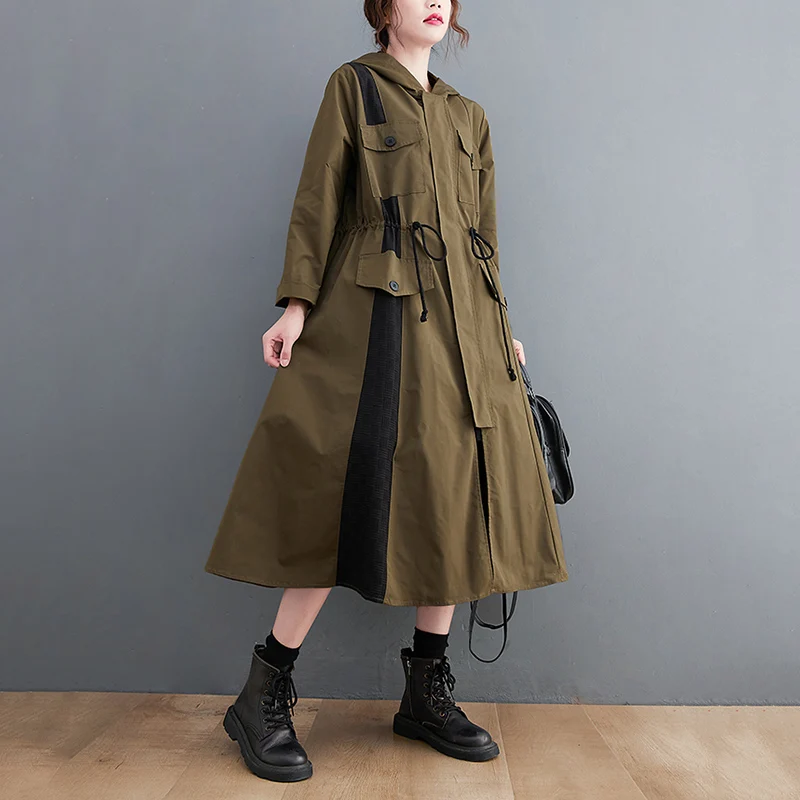 2021 Autumn Winter Cotton Vintage Oversized Long Trench Coat For Women Clothes Hooded Drawstring Fashion Casual Loose Outerwear puffy coats