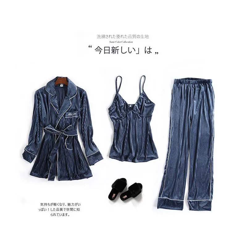 Gold Velvet 3 Pieces Home Gown Set Robe For Women Winter Long-sleeve Female Sleepwear Homewear Nightwear