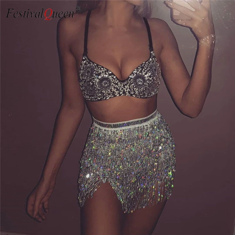 

Sparkle Sequins Sexy 2 Piece Set Backless Push Up Bra Tassel Bandage Mini Skirts Women Night Club Party Matching Sets Fashion