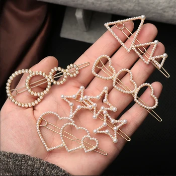 

Women Girls Star Triangle Geometric Snap Barrette Stick Hairpin Fashion Pearl Hair Clip Hair Accessories