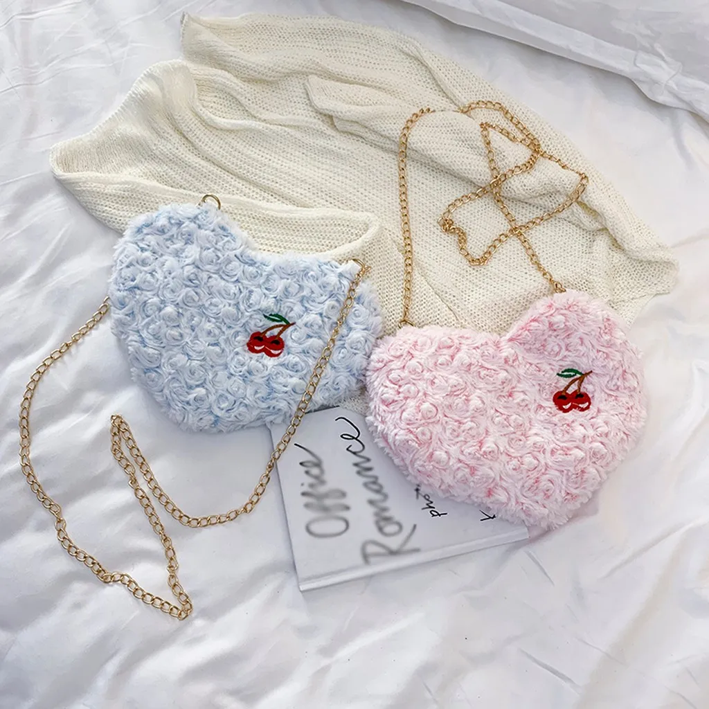 Модная Наплечная Сумка в форме сердца, Женская однотонная плюшевая сумка-мессенджер, сумки через плечо для девочек, милый розовый кошелек на молнии для телефона