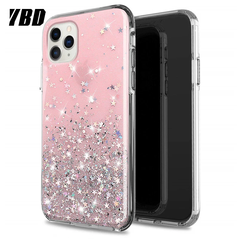 

YBD Glitter Bling Sequins Case For iphone 11 PRO MAX 8 7 Plus 6 6s Epoxy Star Transparent Case For iphone X XR XS MAX Soft Cover