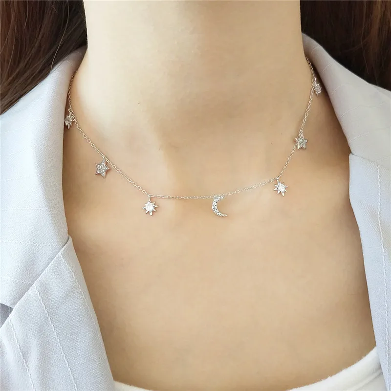 POFUNUO, корейское 925 пробы, серебряное, для девушек, студентов, ювелирное изделие, луна, звезда, шикарное ожерелье для женщин, изысканный подарок, короткое ожерелье