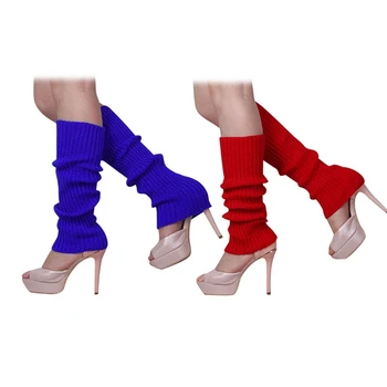 

2 Pair Women's Solid Color Knitted Foot Less Leg Warmers Blue & Red