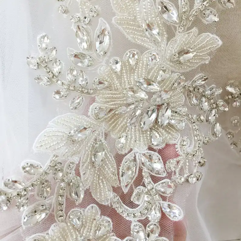1 paar 2 Stück Handgemachte Haute Couture Blume Strass Perlen Eisen auf Applique Braut Mieder Gürtel Schärpe Hochzeit Motiv 16x44cm – Detail 3
