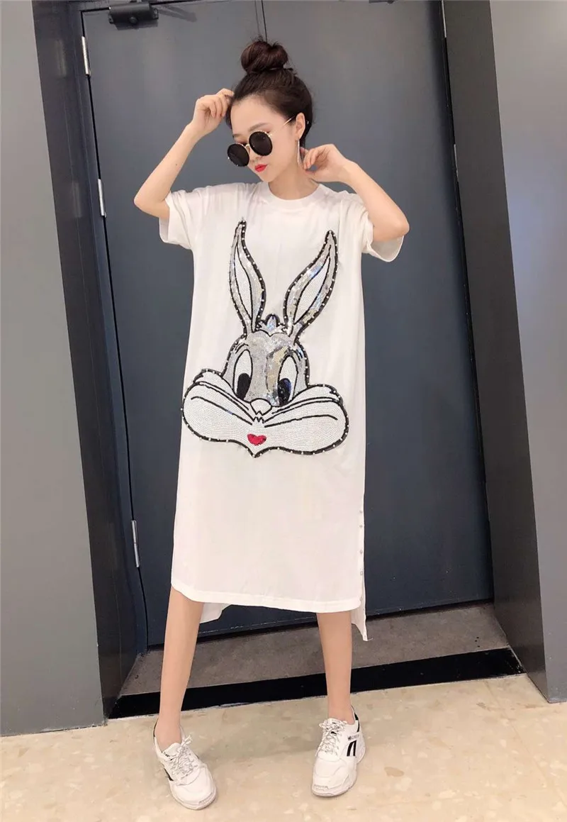 Limiguyue плюс размер сплит Повседневное платье vestidos для женщин короткий рукав мультфильм кролик блесток вышивка хлопок футболка Платья Y185