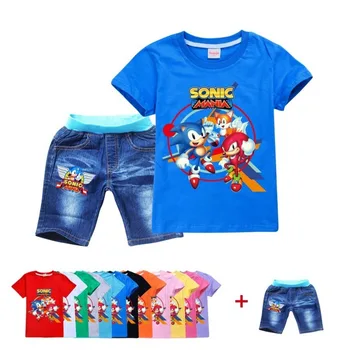 

Roupa Infantil Menina Boy Kids Tracksuit Clothing Set Girl Baby Sonic The Hedgehog Pure Cotton Casual Tops Denim Shorts Clothes