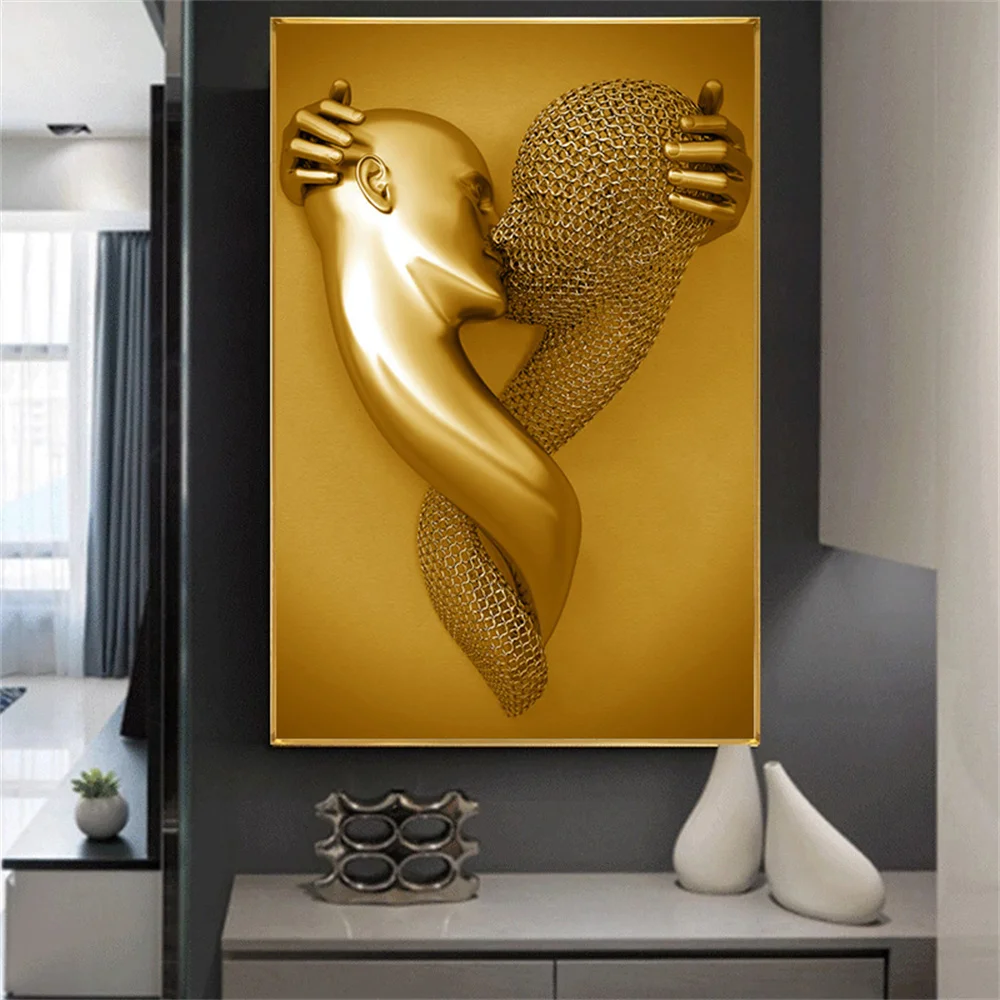 Kissing Metal Figure statue Canvas Painting Pop Abstract Wall Art Modern Posters and Prints For Living room Internal Home Decor