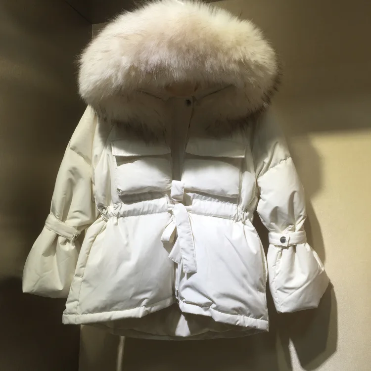 Короткий пуховик из Южной Кореи Dongdaemun, Женский плотный приталенный пуховик на белом утином пуху, пальто с большим меховым воротником, новинка зимы