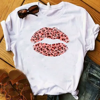

2020 Women Shirt Lip Love Leopard Pink Fashion Summer Women Graphic Printed Top Short Sleeve Tshirt Female Womens T T-shirt