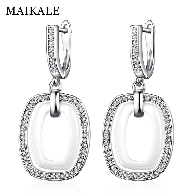 MAIKALE, новая мода, керамические круглые серьги-капли с цирконием для женщин, золотые, серебряные, с кубическим цирконием, висячие серьги, корейское ювелирное изделие, подарок - Окраска металла: silver white