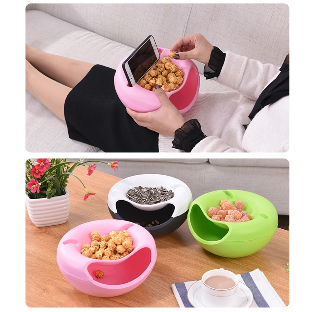Creative Shape Lazy Snack Bowl Plastic Double Layers Snack Storage Box Bowl Fruit Plate Bowl With Phone Holder With Free Dish Holder Blue
