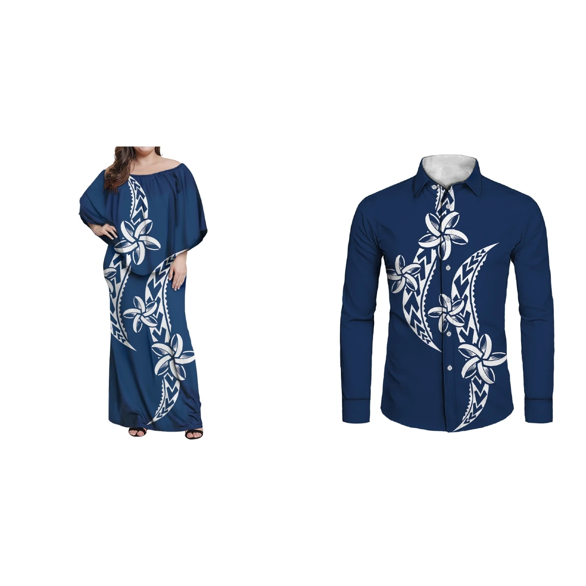 

1 MOQ Custom Polynesian Tribal Blue Background with Plumeria Prints Couple Wear Men's Newest Long-Sleeved Shirt Wholesale Price
