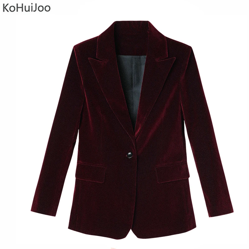 

KoHuiJoo Velvet Blazer Women Slim One Button Office Ladies Elegant Blazer Coat Full Sleeve Solid Casual Outwear Wine Red