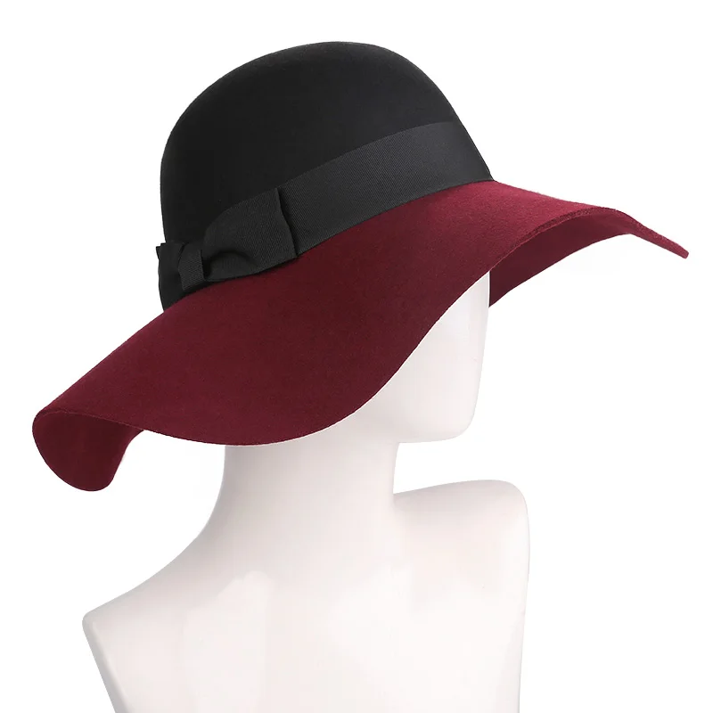 Sedancasesa Fashion Australian Wool Wide Brim Fedora Hats For Women Felt Hats Patchwork Floppy Hat for Girls Winter Female
