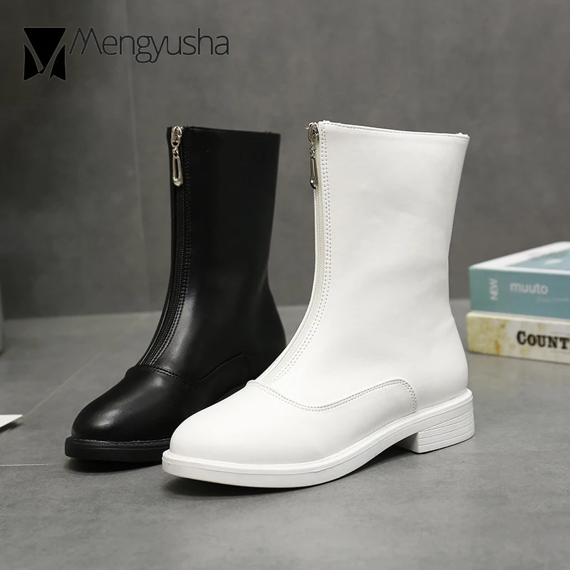 

Mid-Calf High Top Boots Women PU Leather Motorcycle Botines Femme Front Zipper Botas Winter Snow Booties Plush Warm Martin Shoes