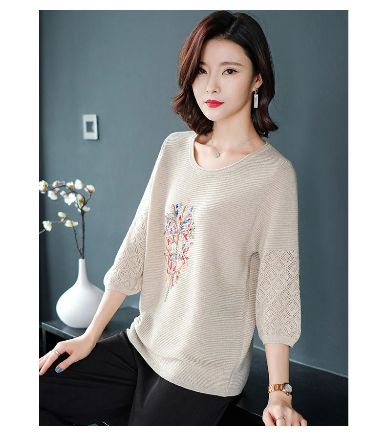 Autumn And Winter new Casual Thin Embroidery O-Neck Tops Women fashion Knitted Pullovers Sweater Women's clothing