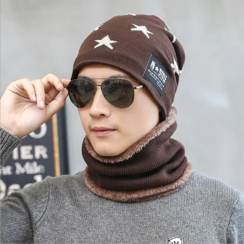 men coffee hat Комплект из 2 предметов, зимняя мужская шапочка, Шапка-бини, Детская шерстяная теплая мужская и женская зимняя шапка, вязаная шапка черного цвета - Цвет: men coffee hat