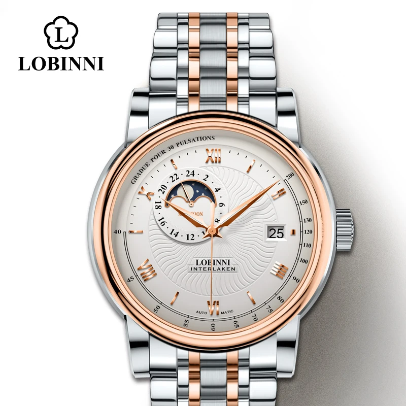 rose-white-steel LOBINNI часы мужские японские импортные автоматические механические MOVT Мужские часы сапфировые фазовые водонепроницаемые часы 5010 м - Color: rose-white-steel