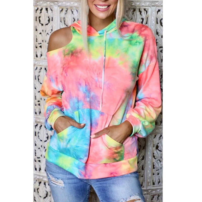 

Women Loose Hoodies Tie-dyed Hooded Sweatshirt Top Streetwear Long Sleeve Rainbow Color One Off Shoulder Casual Pullover Tops