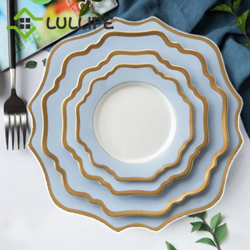 China Bone Dinner Set Plates and Dishes Luxury Gold Inlay Dinner Plate Flower Charger Plate for