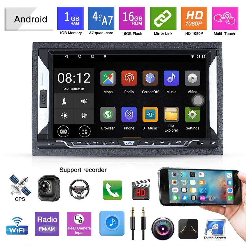 2Din Bluetooth 4,0 WiFi Android 8,1 7 дюймов емкостный экран Автомобильный мультимедийный плеер 1080P gps навигация FM Радио Стерео Quad Cor