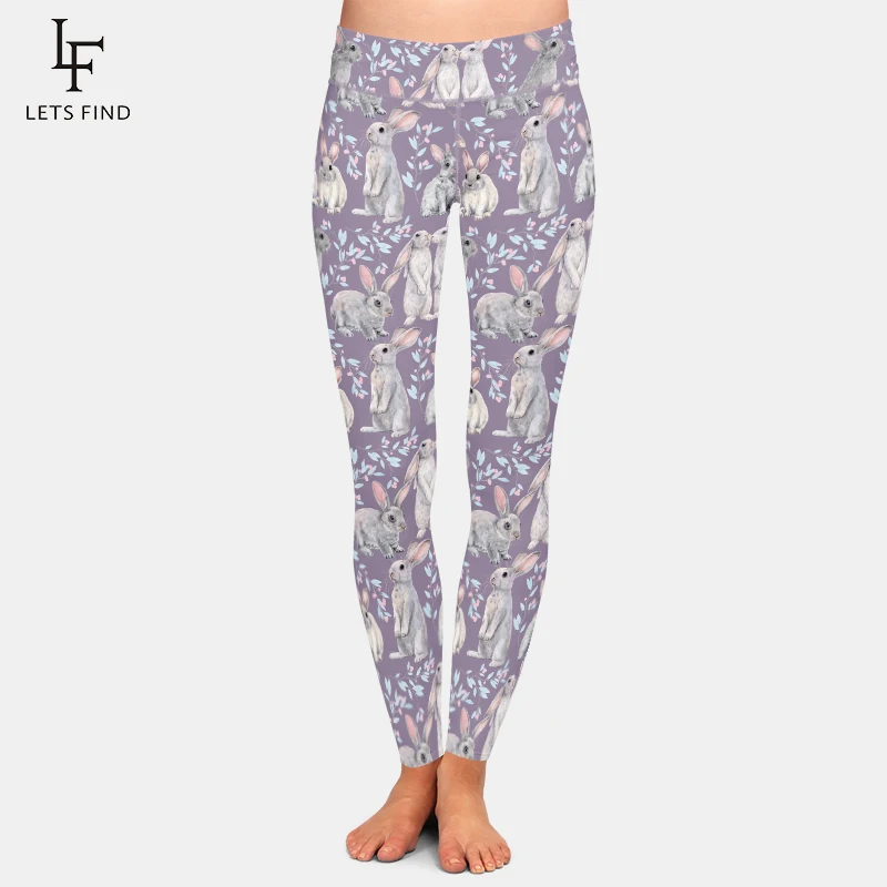 LETSFIND 2021 Spring Easter Rabbits and Willow Print Women Casual Leggings High Waist Plus Size Stretch Girls Leggings grey leggings Leggings
