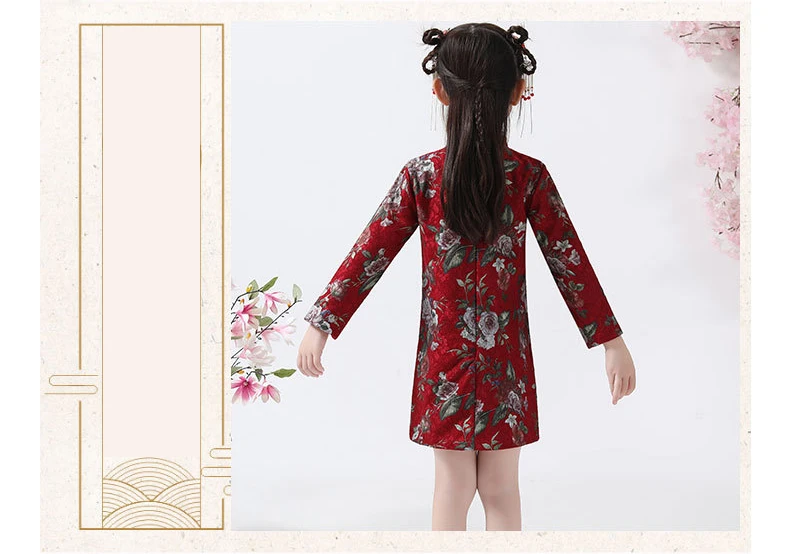 Hanfu/красное улучшенное платье с вышивкой для девочек утепленная осенне-зимняя новогодняя одежда Теплый костюм с длинными рукавами и воротником-стойкой