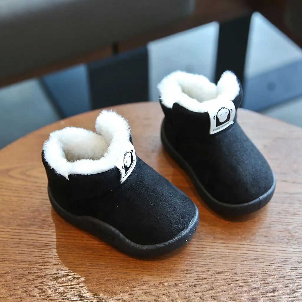 Baby Boys Girls Snow Boots Toddler Infant Kid Cartoon Winter Warm Short Booties Shoes Plus Velvet Anti-slip Baby First Walker - Цвет: Черный