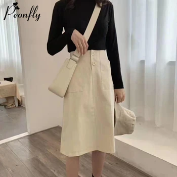 

PEONFLY Women's Spring Korean Style Midi Mid Calf Elegant Button High Waist Skirts Female School Long Skirts Ladies Green