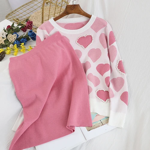pink Neploe осень-зима вязать 2 предмета Комплект Для женщин круглым вырезом сердечком пуловер, украшенный бисером свитер+ Высокая талия бедра юбка Conjuntos De Mujer 48269 - Цвет: pink