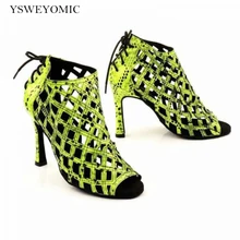 Latin Salsa Dance Shoes Fluorescent Green Snake Pattern Laser Dance Shoes Salsa Women Lace-up Dance Booties Social Dance Shoes