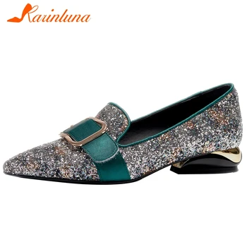 

karinluna new fashion 2020 Sequined Cloth Sheepskin shoes woman pumps female thick Heel Pointed Toe Slip-On bling pumps women