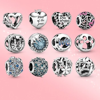 

Charm Sterling Silver Heart Flower Beads DIY Jewelry Fit Original Silver Bracelet for Women