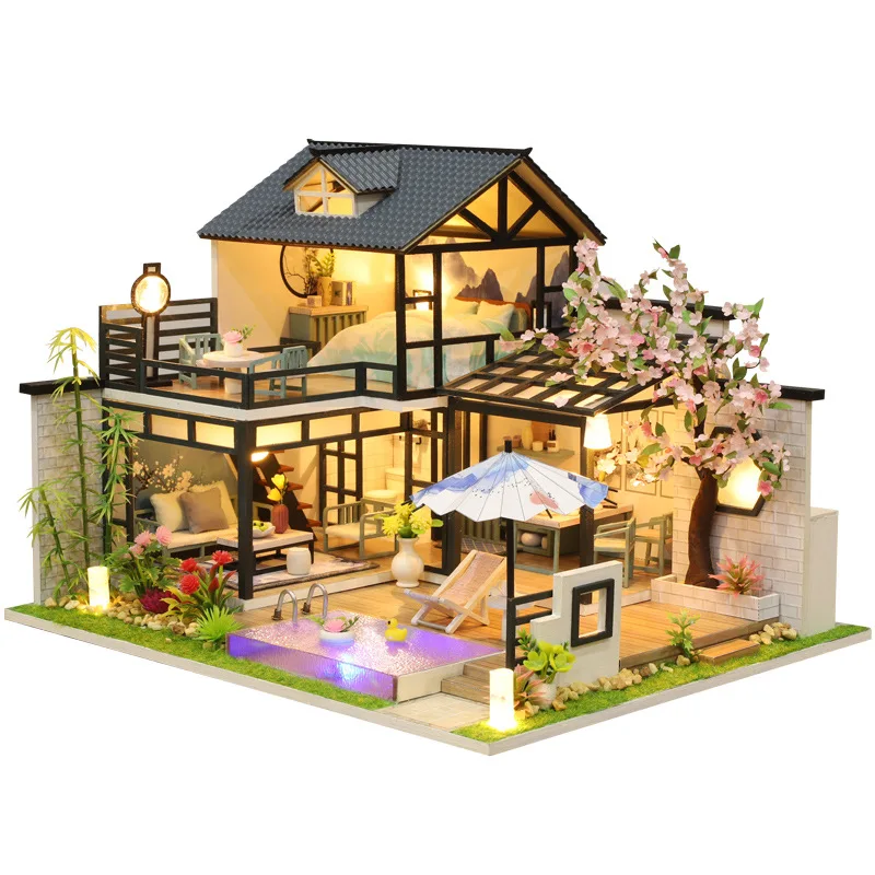 Kids Toys Wooden Block DIY Doll House Ancient Style Villa Model Building Kit  Mini Cabin Toy Birthday Christmas Children Gift children s handmade construction house building building block toys boys brick masonry wall building and family living