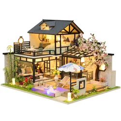 Maison de poupée en blocs de bois pour enfants, bricolage, Style antique, Kit de construction de modèles de Villa, Mini cabine, jouet, cadeau d'anniversaire et de noël 