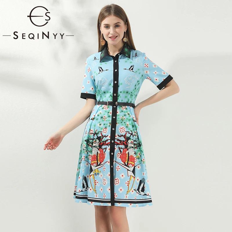 

SEQINYY Knee Dress 2020 Summer Spring New Fashion Design Women Short Sleeve Flowers Printed Blue Casual Dress