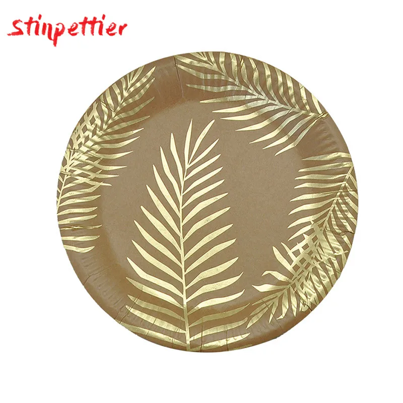 Disposable Tableware Gold Palm Leaf Plates Cups Straws Embossing Knife And Fork For Wedding Birthday Party Supplies ASD161 - Color: 8pcs plates