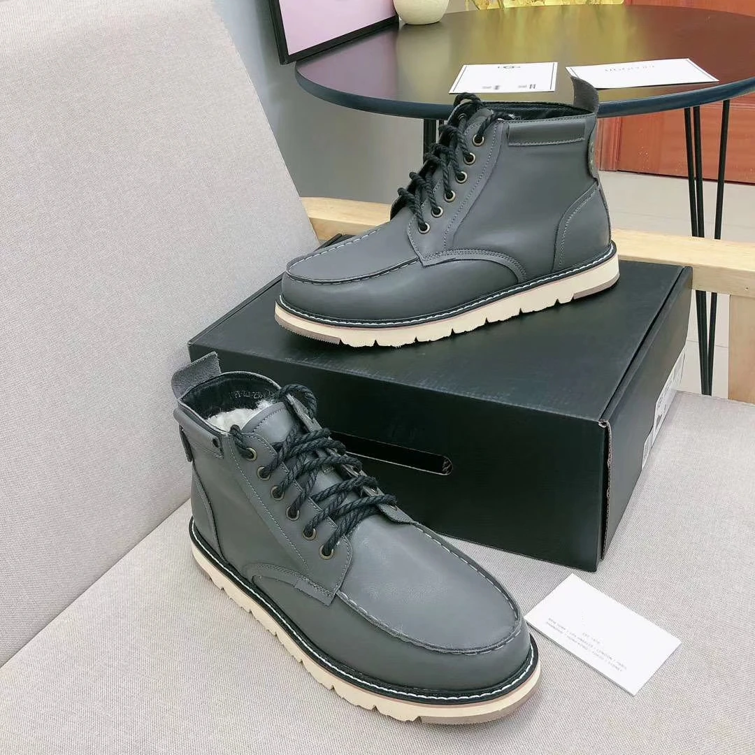 Australian Brand Sheepskin Leather Wool Fur Lined Men Lace-Up Short Ankle Winter Snow Boots For Man Casual Shoes Waterproof