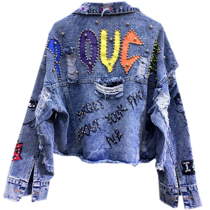 Greatest Street Denim Jacket for Women 2019 Autumn New Graffiti Cowboy Short Coat Female Personality Hole Ri