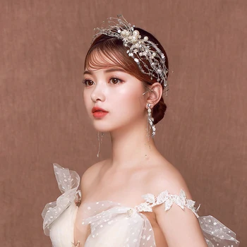 

High Quality Fashion Handmade Bride White Rhinestone Crystal Pearl Flower Branch Flower Wedding Headdress Flower Hair Accessory
