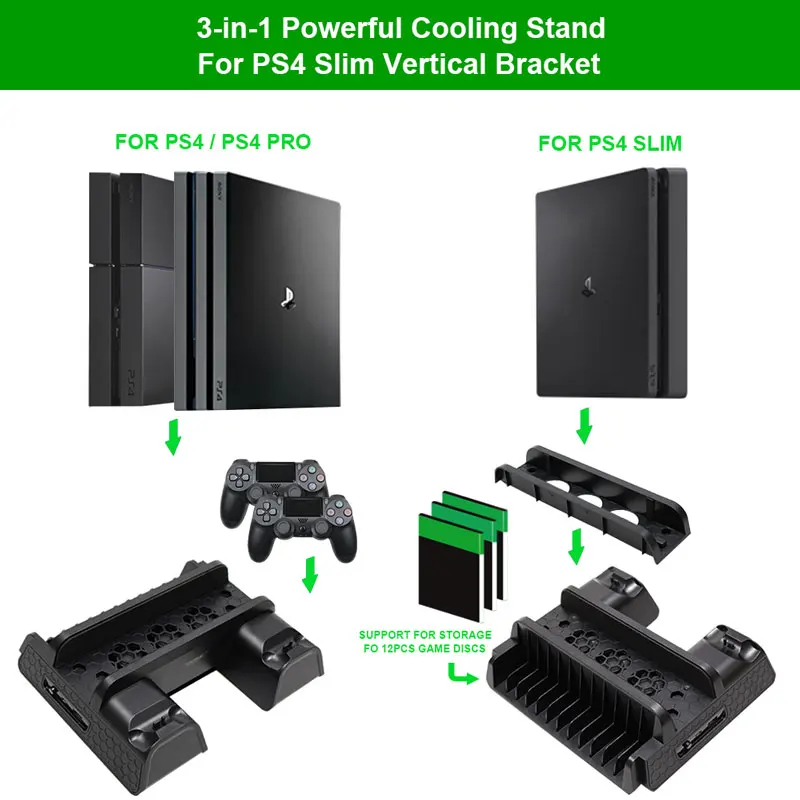 For PS4/PS4 Slim/PS4 Pro Vertical Stand with Cooling Fan Dual Controller Charger Charging Station F