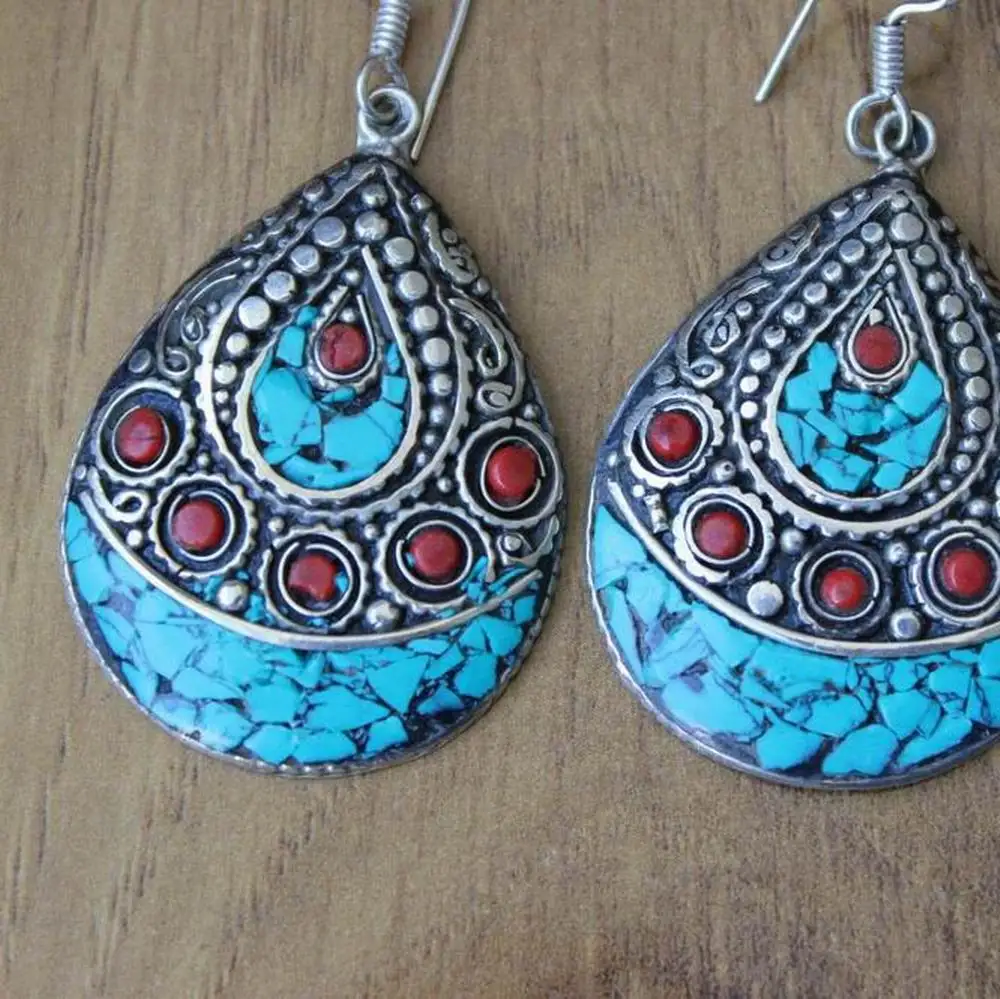 ER150 Nepal Big Water Drop Tibetan Silver Inlaid Turquoises Stone Earring Ethnic Tibetan Gift For Lady