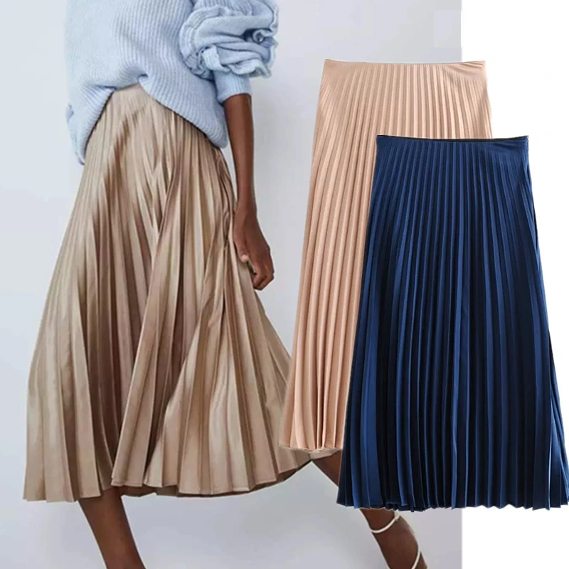 Винтажные стильные юбки для женщин, английские элегантные Сатиновые плиссированные эластичные юбки с высокой талией, faldas mujer moda, Длинные повседневные юбки для женщин