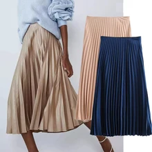 Винтажные стильные юбки для женщин, английские элегантные Сатиновые плиссированные эластичные юбки с высокой талией, faldas mujer moda, Длинные повседневные юбки для женщин