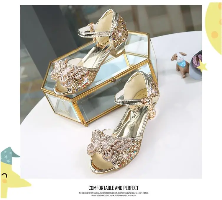 Детская блестящая обувь с бантиком для девочек; chaussures prinsessen schoenen; блестящие босоножки с бантиком; модельные туфли на высоком каблуке